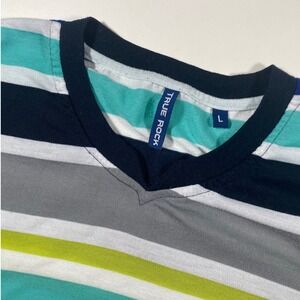 True Rock Mens Striped V-Neck T-Shirt Teal Navy Grey Lime Green Large L206